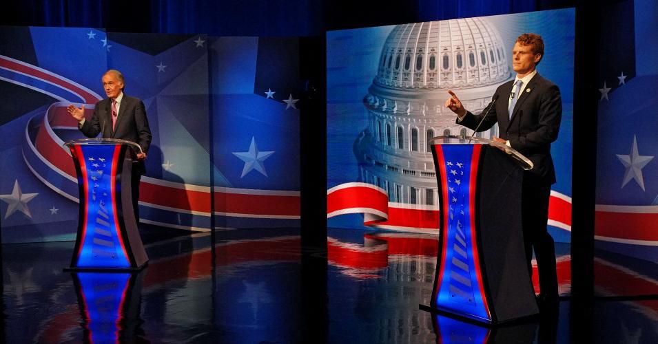 Incumbent Sen. Ed Markey debates challenger Rep. Joe Kennedy III in the final debate leading up to the September 1 primary election at WCVB Channel 5 studios in Needham, Massachusetts on August 18, 2020. (Photo: Barry Chin/The Boston Globe via Getty Images)