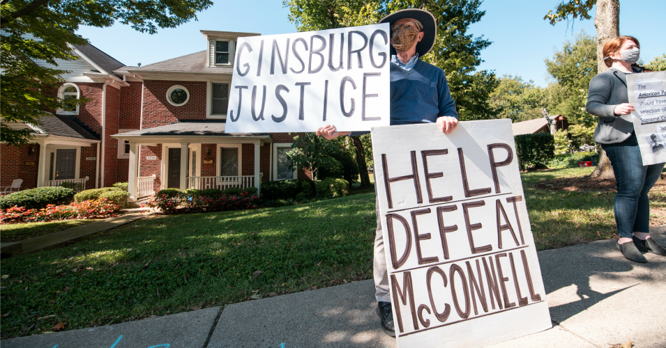 A group of protesters rallied in front of Senate Majority Leader Sen. Mitch McConnell's (R-Ky.) home on September 19, 2020 in Louisville, Kentucky. (Photo: Jon Cherry/Getty Images)