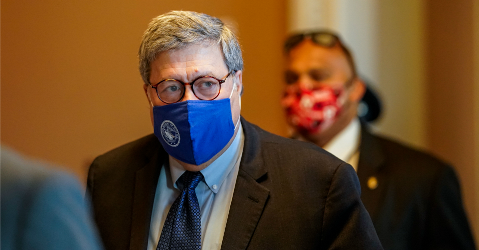 Attorney General Bill Barr leaves the U.S. Capitol after meeting with Senate Majority Leader Mitch McConnell (R-Ky.) in his office on November 9, 2020. (Photo: Samuel Corum/Getty Images)