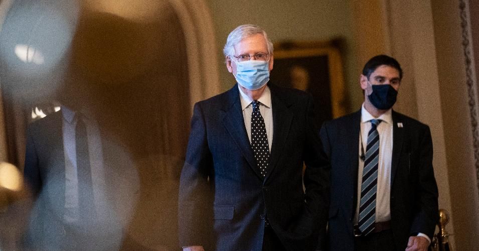Senate Majority Leader Mitch McConnell (R-Ky.) arrives at the U.S. Capitol and walks to his office on January 6, 2021 in Washington, D.C.