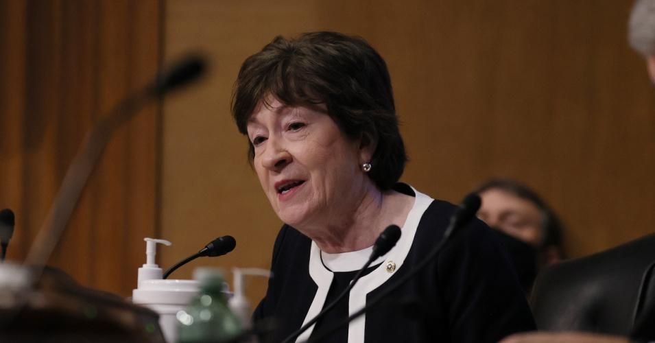 Sen. Susan Collins (R-Maine) speaks during a Senate Intelligence Committee to be President-elect Joe Bidens pick for Director of National Intelligence on Capitol Hill on January 19, 2021 in Washington, D.C.