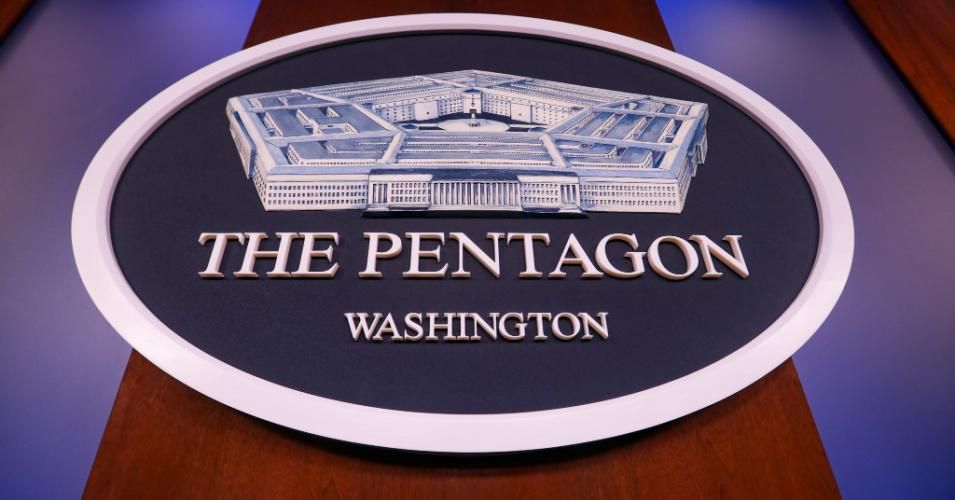 Pentagon logo is seen ahead of a press conference on January 28, 2021 in Arlington, Virginia on January 28, 2021.