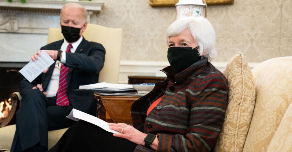 President Joe Biden meets with Treasury Secretary Janet Yellen in the Oval Office of the White House on January 29, 2021 in Washington, D.C.