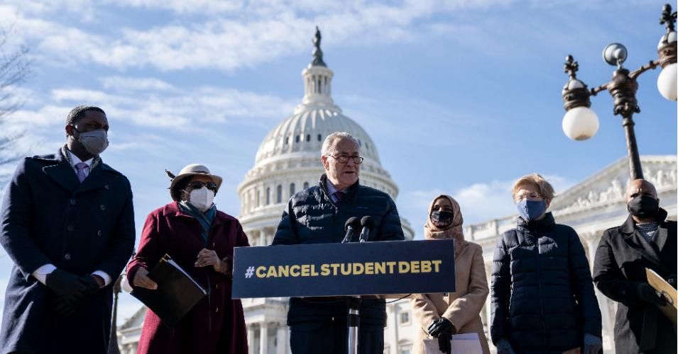 Senate Majority Leader Chuck Schumer (D-N.Y.) speaks during a press conference about student debt outside the U.S. Capitol on February 4, 2021 in Washington, D.C., flanked by Rep. Mondaire Jones (D-N.Y.), Rep. Alma Adams (D-N.C.), Rep. Ilhan Omar (D-Minn.), Sen. Elizabeth Warren (D-Mass.), and Rep. Ayanna Pressley (D-Mass.). (Photo: Drew Angerer/Getty Images)