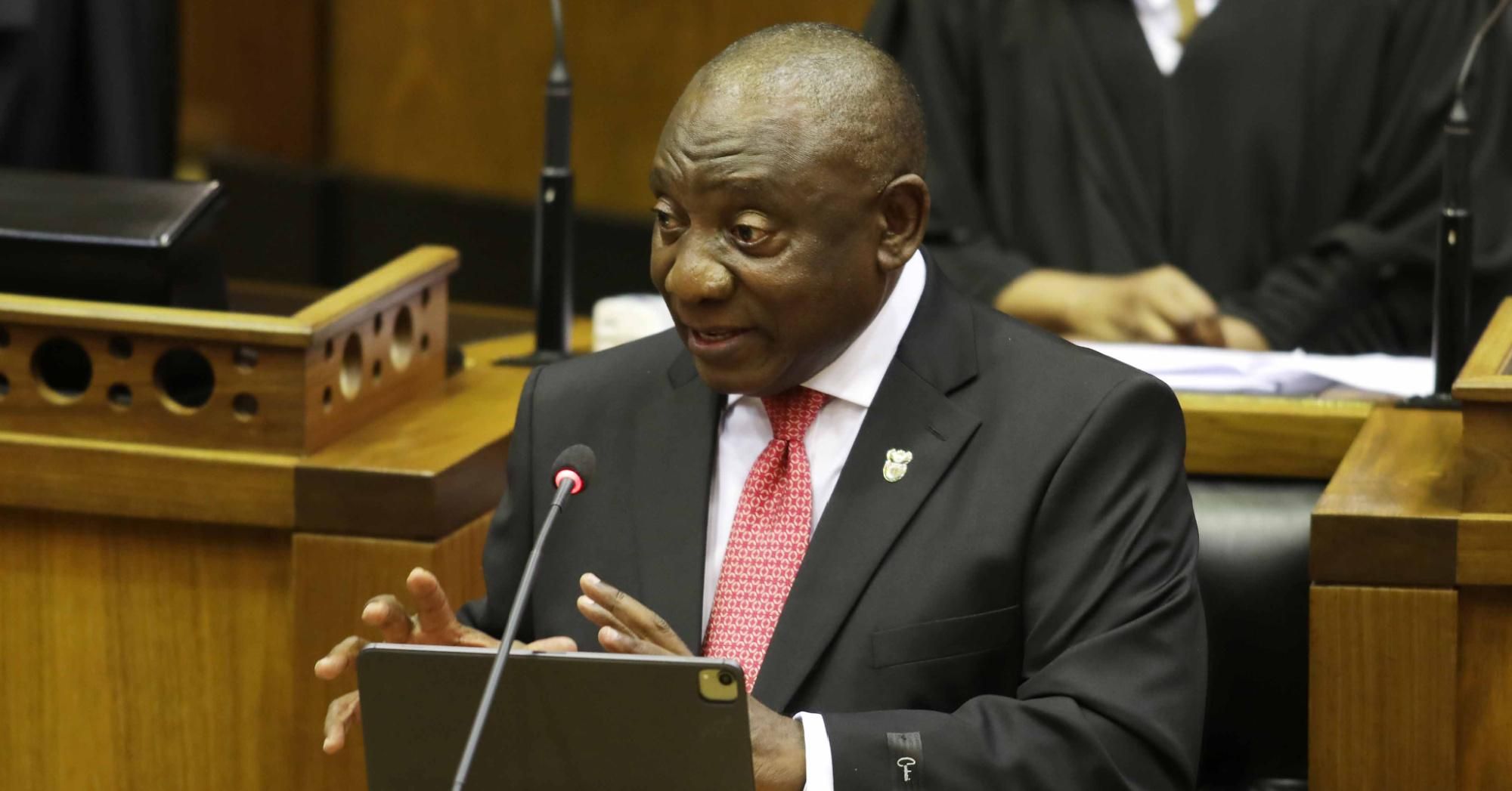 South African President Cyril Ramaphosa delivers his fifth State of the Nation address in front of a nearly empty parliament on February 11, 2021.