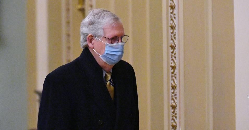 Republican Senate Minority Leader Mitch McConnell arrives at the U.S. Capitol for the fifth day of the second impeachment trial of former President Donald Trump on February 13, 2021, in Washington, D.C.