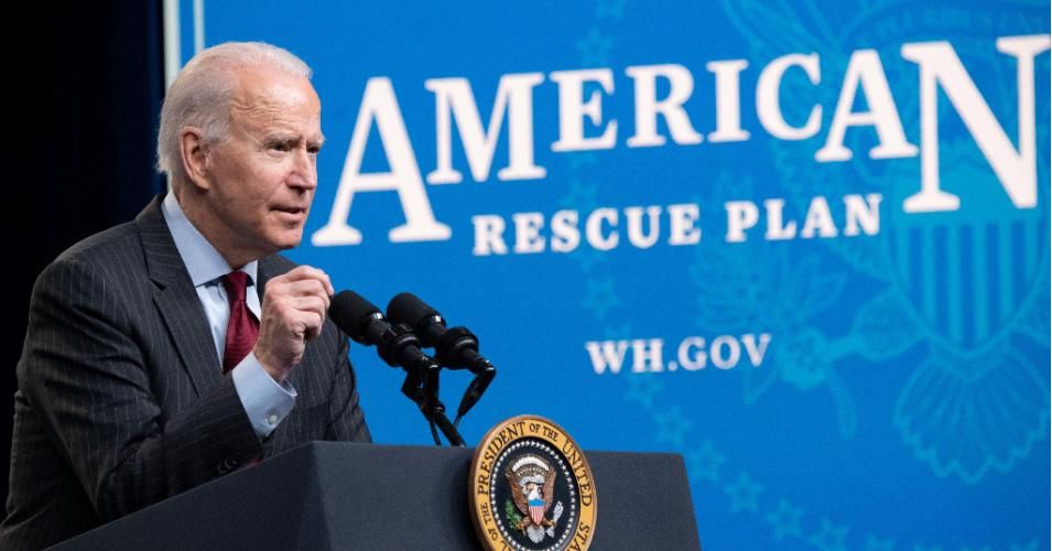President Joe Biden speaks about the American Rescue Plan in the Eisenhower Executive Office Building in Washington, D.C. on February 22, 2021.