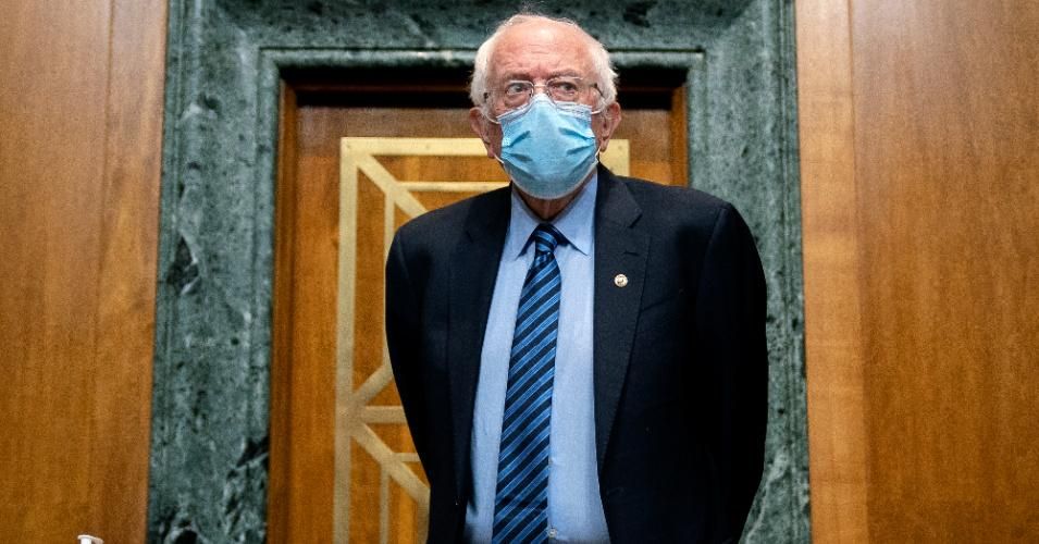 Sen. Bernie Sanders (I-Vt.), chairman of the Senate Budget Committee, arrives at a hearing on Capitol Hill on February 25, 2021 in Washington, D.C.
