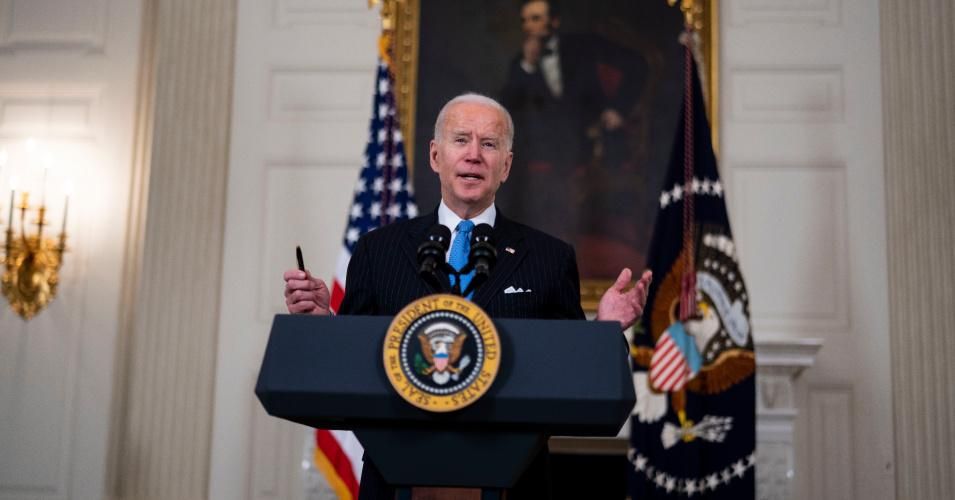 President Joe Biden speaks in the State Dining Room of the White House on March 2, 2021 in Washington, D.C.
