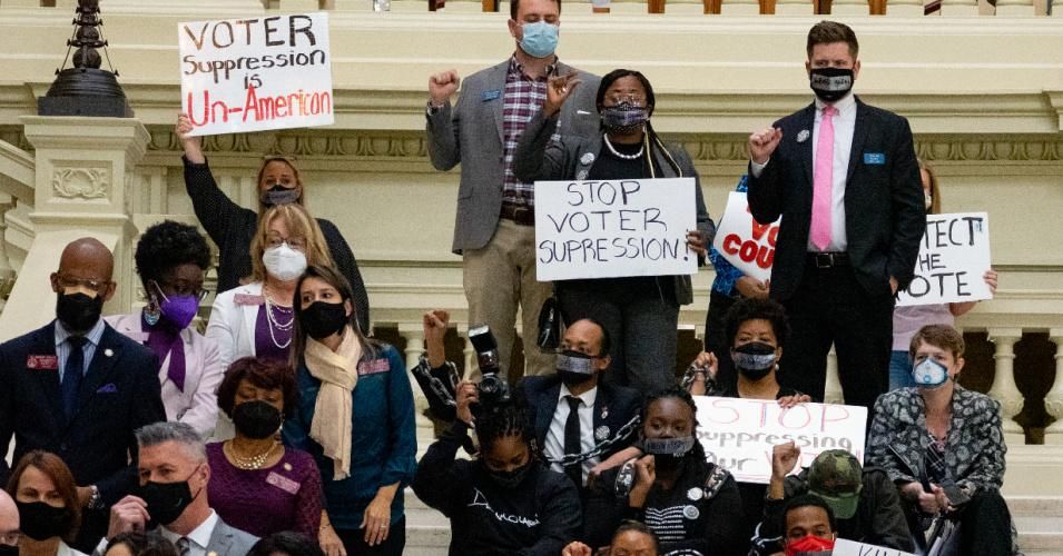 Demonstrators hold a sit-in inside of the Georgia state Capitol building in opposition to a voters suppression bill on March 8, 2021 in Atlanta.
