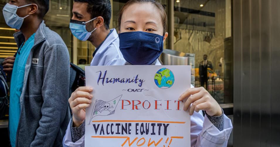 A coalition of healthcare advocacy organizations gathered outside Pfizer Worldwide Headquarters in Manhattan on March 11, 2020.