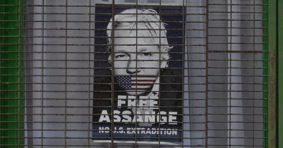 Free Assange poster seen in a window of a closed shop in Dublin city center on March 16, 2021, in Dublin, Ireland.