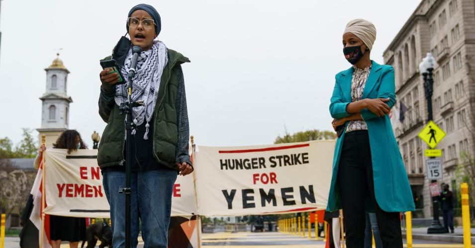 Twenty-six-year-old Iman Saleh, on hunger strike for Yemen, speaks during a press conference while joined by Rep. Ilhan Omar (D-Minn.) on April 9, 2021 in Washington, D.C.