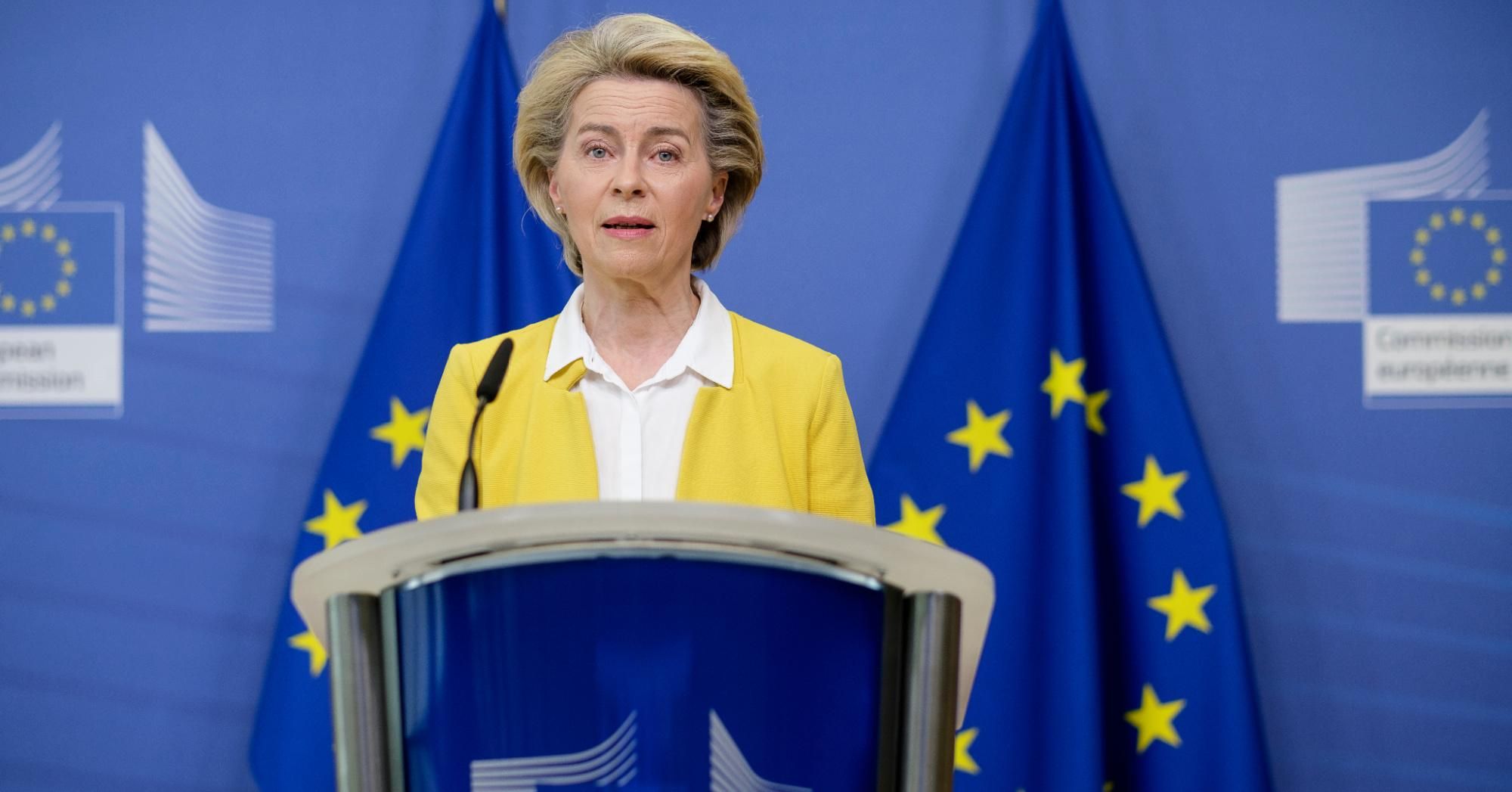 President of the European Commission Ursula von der Leyen talks during a press briefing on Covid-19 vaccination developments on April 14, 2021 in Brussels. (Photo: Thierry Monasse/Getty Images)