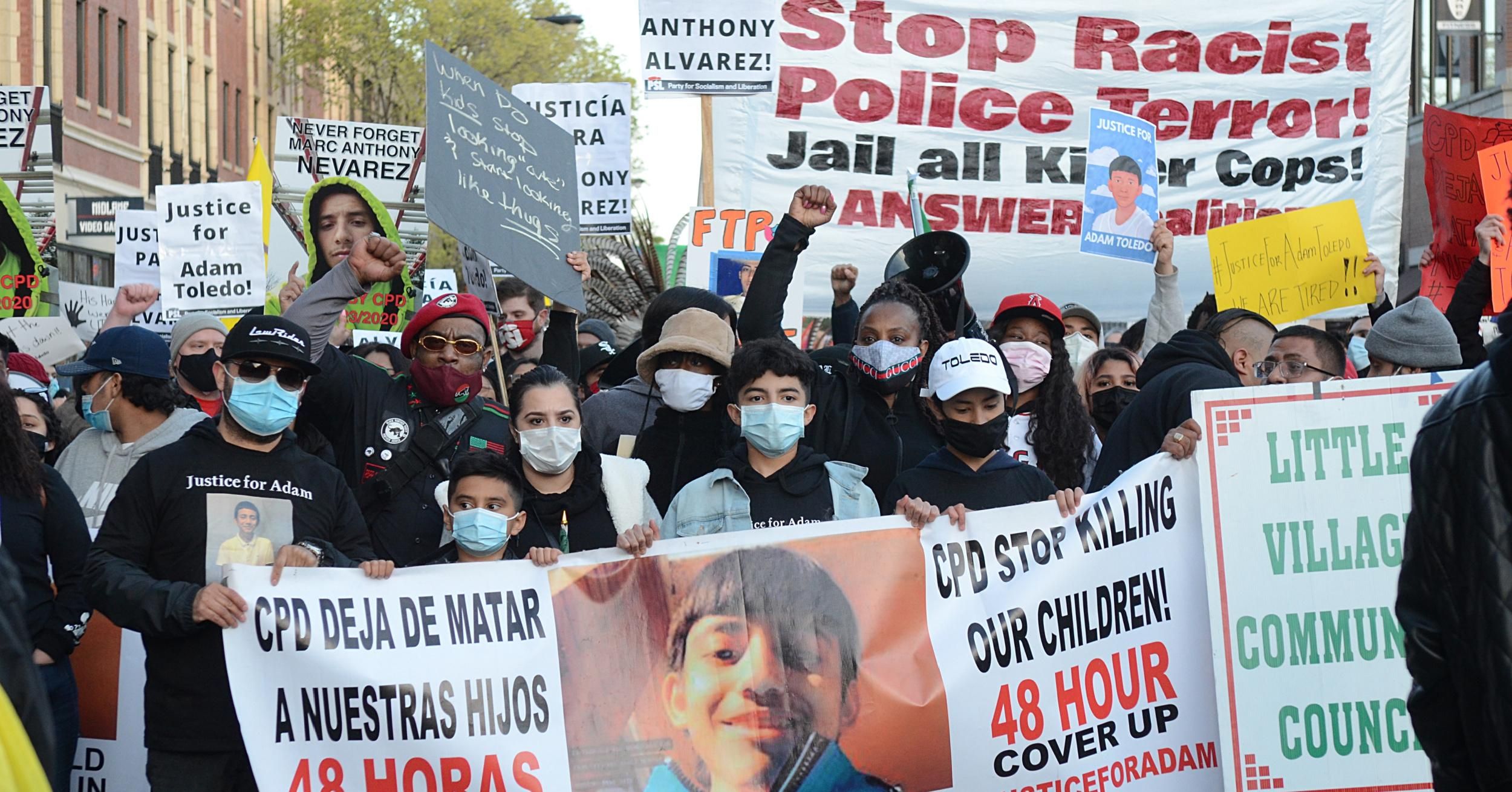 Hundreds of protesters took to Chicago's streets for 13-year-old Adam Toledo, who was shot and killed by police in March, on April 16, 2021. (Photo: Jacek Boczarski/Anadolu Agency via Getty Images)