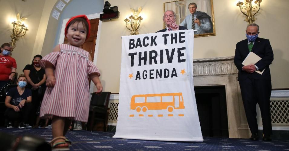 One-year-old Dara Faraez walks across the floor in front of the podium as Sen. Ed Markey (D-Mass.) speaks at the Back the THRIVE Agenda press conference on September 10, 2020 in Washington, D.C. (Photo: Jemal Countess/Getty Images for Green New Deal Network)