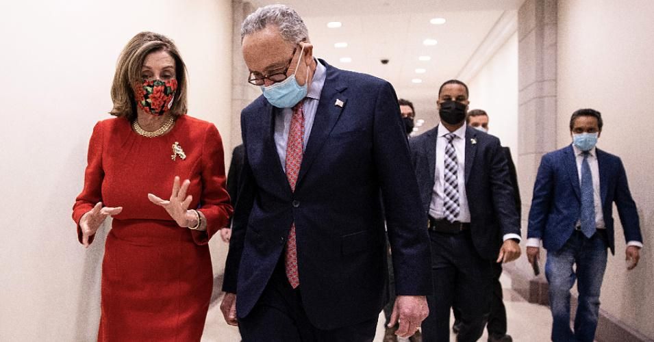 Speaker of the House Nancy Pelosi (D-Calif.) and then-Senate Minority Leader Chuck Schumer (D-N.Y.) speak after a press conference on Capitol Hill on December 20, 2020 in Washington, D.C. (Photo: Tasos Katopodis/Getty Images)