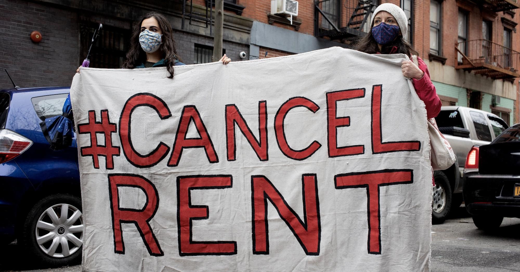 Tenant rights activists hold a demonstration to protest what they claim to be inadequate legislative relief for renters during the Covid-19 pandemic and to call for the cancellation of rent on February 28, 2021 in the East Village neighborhood of New York City. (Photo: Andrew Lichtenstein/Corbis via Getty Images)