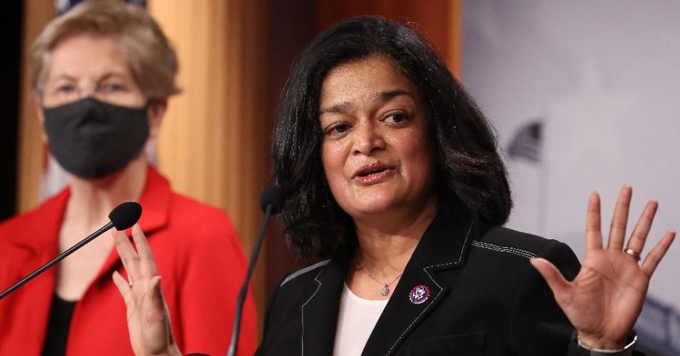 Rep. Pramila Jayapal (D-Wash.) speaks during a news conference with Sen. Elizabeth Warren (D-Mass.) at the U.S. Capitol on March 1, 2021 in Washington, D.C.