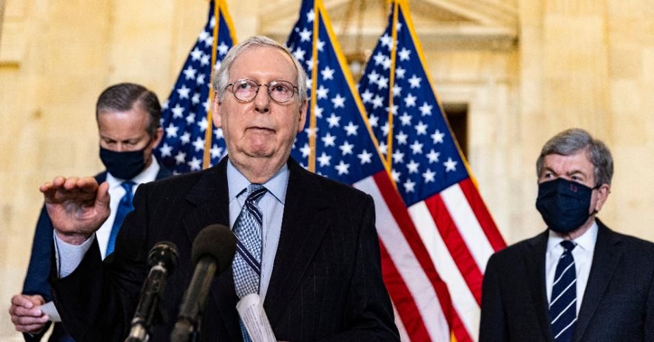 Senate Minority Leader Mitch McConnell (R-Ky.) speaks to the media after the Republican leaders' weekly lunch at the U.S. Capitol on March 23, 2021 in Washington, D.C.
