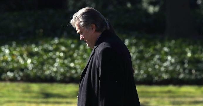 Chief Strategist Steve Bannon walks behind U.S. President Donald Trump toward Marine One before departing from the White House on February 24, 2017 in Washington, D.C.