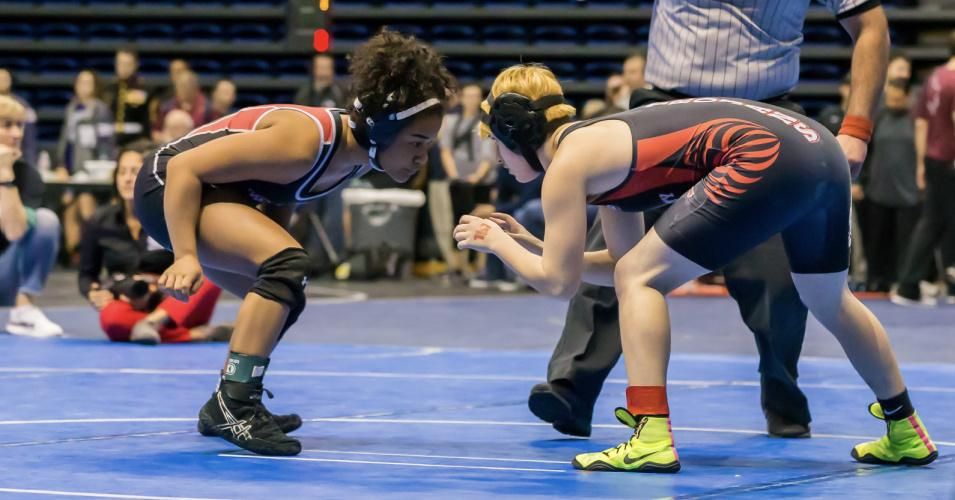 Mack Beggs wrestled against Mya Engert during the quarter finals of the Texas Wrestling State Tournament on February 24, 2017 at Berry Center in Cypress. Beggs was assigned female at birth, so he was only allowed to compete in the league for girls. (Photo: Leslie Plaza Johnson/Icon Sportswire via Getty Images)