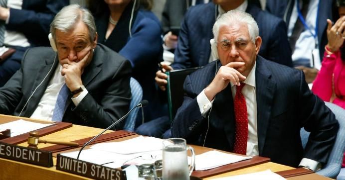 United Nations Secretary General Antonio Guterres and US Secretary of State Rex Tillerson (R) attend the security council meeting on nonproliferation of North Korea next to United Nations Secretary General Antonio Guterres (L) at United Nations on April 28, 2017 in New York City.