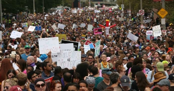 Thousands of protesters prepare to march in Boston against a planned 'Free Speech Rally' just one week after the violent 'Unite the Right' rally in Virginia left one woman dead and dozens more injured on August 19, 2017 in Boston, United States.