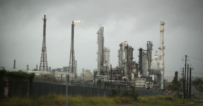 An oil refinery is seen before the arrival of Hurricane Harvey on August 25, 2017 in Corpus Christi, Texas.