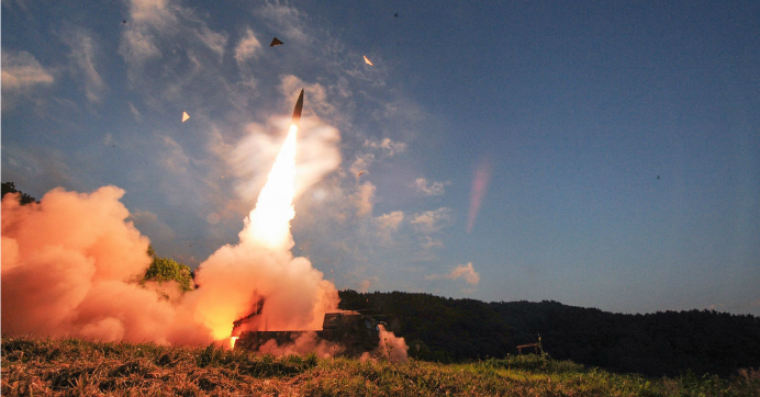 In this handout photo released by the South Korean Defense Ministry, South Korea's Hyunmu-2 ballistic missile is fired during an exercise aimed to counter North Korea's nuclear test on September 4, 2017 in East Coast, South Korea.