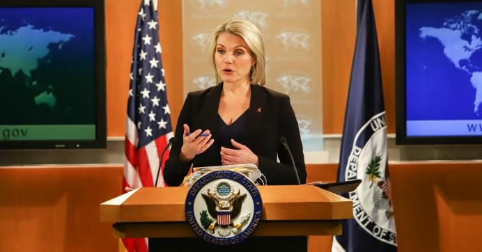 U.S. Department of State spokesperson Heather Nauert speaks in the press briefing room at the Department of State on November 30, 2017 in Washington, D.C.