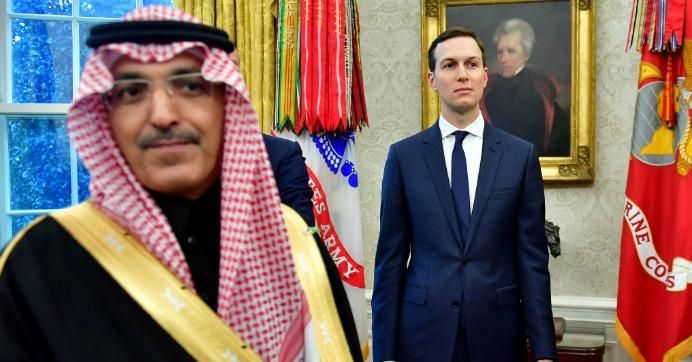 White House Advisor Jared Kushner, watches alongside a member of the Saudi Delegation during a meeting between President Donald Trump and Crown Prince Mohammed bin Salman of the Kingdom of Saudi Arabia in the Oval Office at the White House on March 20, 2018 in Washington, D.C.