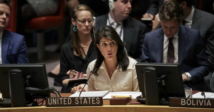 U.S. Ambassador to the United Nations Nikki Haley speaks a U.N. Security Council meeting concerning the violence at the border of Israel and the Gaza Strip, at United Nations headquarters, May 15, 2018 in New York City. 