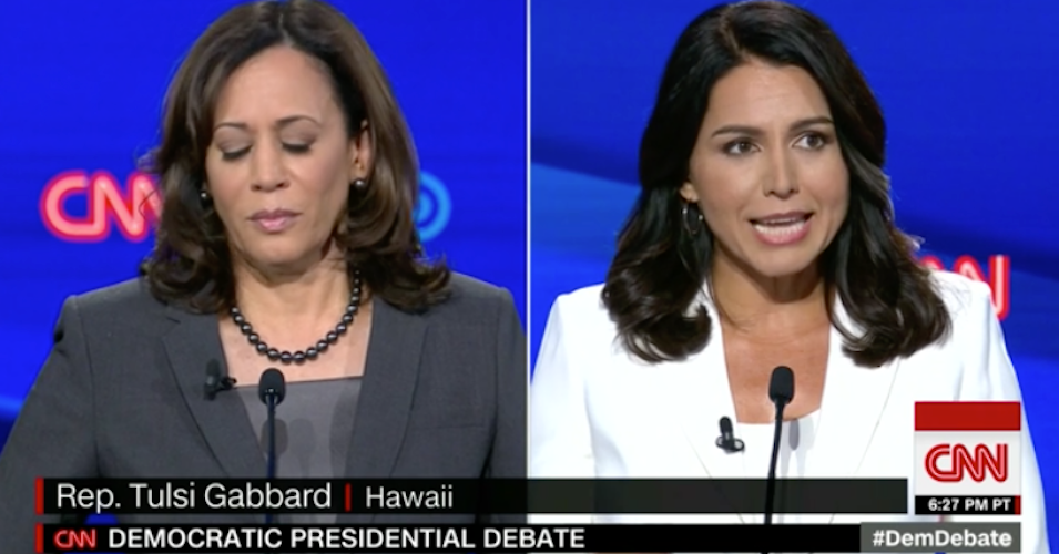 Rep. Tulsi Gabbard (D-Hawaii) attacked Sen. Kamala Harris (D-Calif.) during last night's primary debate. Harris' allies responded with a theory about a nefarious Russian plot.
