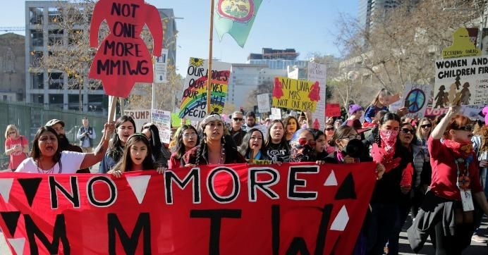 Activists march for missing and murdered indigenous women at the Women's March California 2019 on January 19, 2019 in Los Angeles.