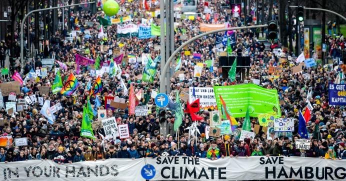 Participants of a Fridays for Future climate demonstration parade through Hamburg, Germany on Feb. 21, 2020. 