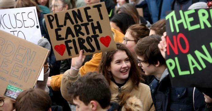 High school students demonstrate against global warming at a Fridays for Future demonstration on March 01, 2019 in Hamburg, Germany.