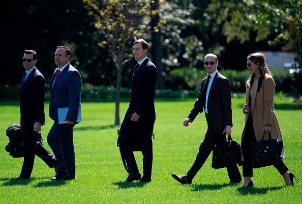 (L-R) Assistant to the President and Director of Oval Office Operations Nicholas Luna, Assistant to the President and Deputy Chief of Staff for Communications Dan Scavino, Senior Advisor to the President Jared Kushner, Senior Advisor to the President Stephen Miller, and counselor to the President Hope Hicks walk to Marine One to depart from the South Lawn of the White House in Washington, D.C. on September 30, 2020. (Photo: Andrew Caballero-Reynolds/AFP via Getty Images)