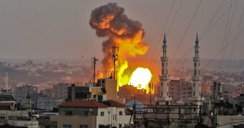 A fireball exploding in Gaza City during Israeli bombardment on July 20, 2018. 