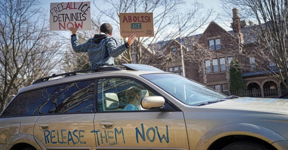 Activists who stayed mostly in their cars for social distancing, lined Summit Ave, honking horns outside the Governor's Residence in St Paul last month as they called for the release of high risk prisoners and ICE detainees from MN facilities to lower the chances of infection. (Photo: Glen Stubbe/Star Tribune via Getty Images)