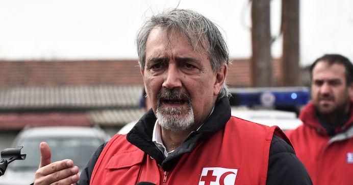 The President of International Federation of Red Cross and Red Crescent, Francesco Rocca, speaks during a press conference on Greece-Turkey border near Kastanies, on the Greek side on March 5, 2020. 