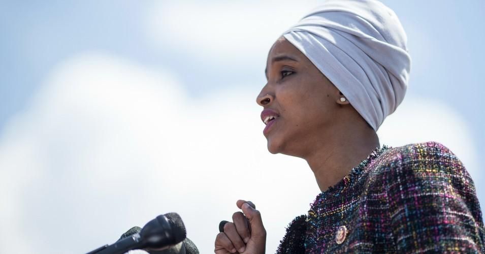 Rep. Ilhan Omar (D-Minn.) speaks during a rally to express solidarity with immigrants and refugees hosted by MoveOn, United We Dream, Families Belong Together, and Popular Democracy near Union Station on May 16, 2019 in Washington, D.C.