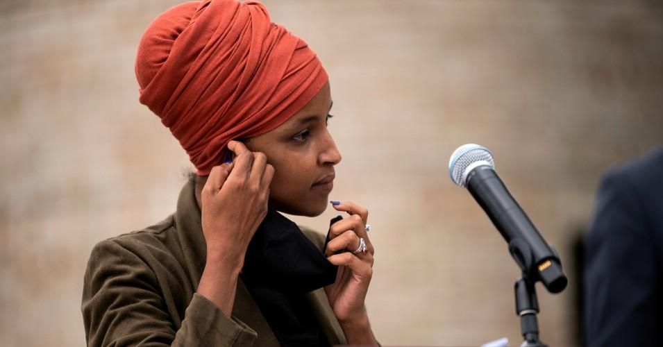 Rep. Ilhan Omar (D-Minn.) removes her mask to speak during a press conference on August 5, 2020 in St. Paul, Minnesota.