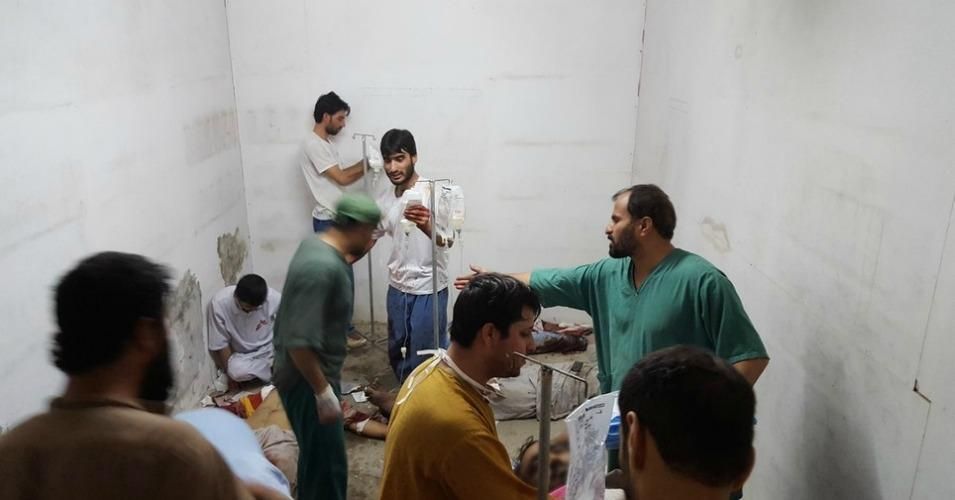 MSF staff treat injured colleagues and patients in the hospital's safe room after the airstrike. (Photo: MSF)