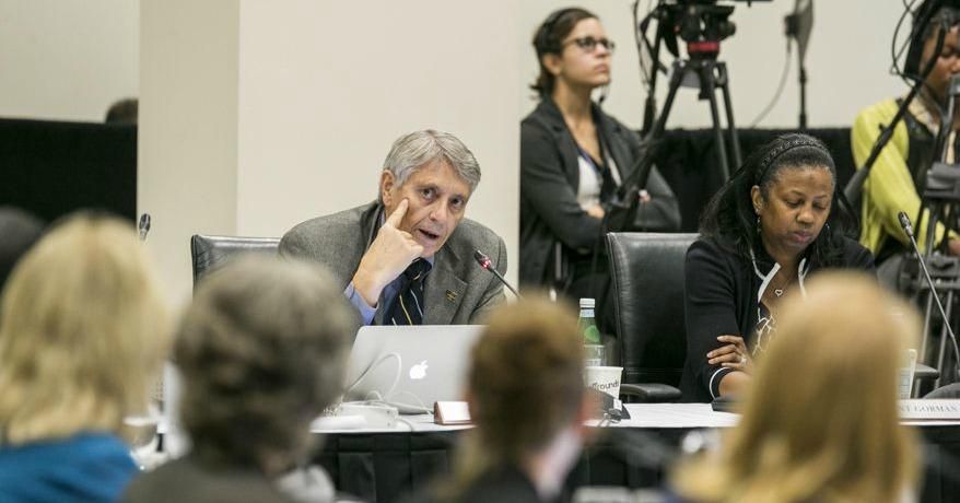  In this Sept. 17, 2015, photo, Alumni Regents Rod Davis, left, and Yolanda Gorman address the University of California’s Board of Regents meeting at the UC Irvine Student Center to discuss a controversial policy statement on intolerance in Irvine, Calif. (Photo: Damian Dovarganes/AP)