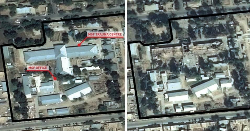The image on the left shows the Doctors Without Borders hospital in Kunduz, Afghanistan on June 21, 2015, before the U.S. military bombing. The image on the right shows the facility on October 8, 2015, following the attack. (Photos from report)