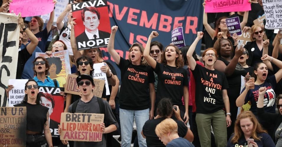 Hundreds of protesters occupy the center steps of the East Front of the U.S. Capitol after breaking through barricades to demonstrate against the confirmation of Supreme Court nominee Judge Brett Kavanaugh October 06, 2018 in Washington, DC. 