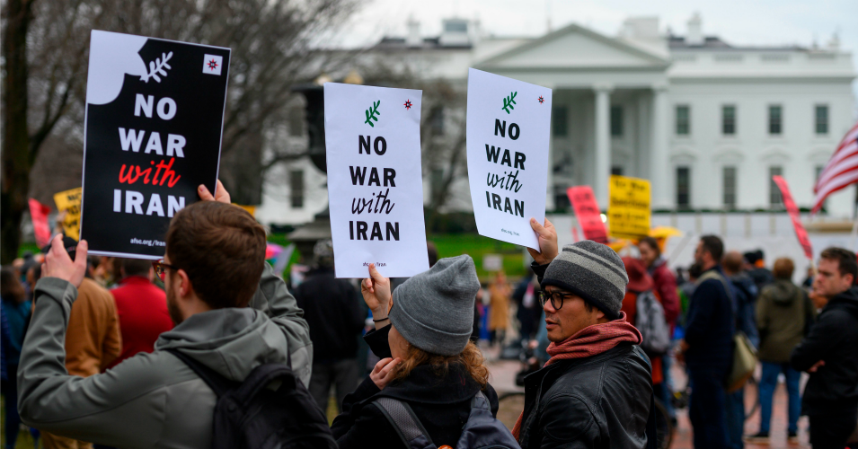 Anti-war activists protest in front of the White House in Washington, D.C. on January 4, 2020.