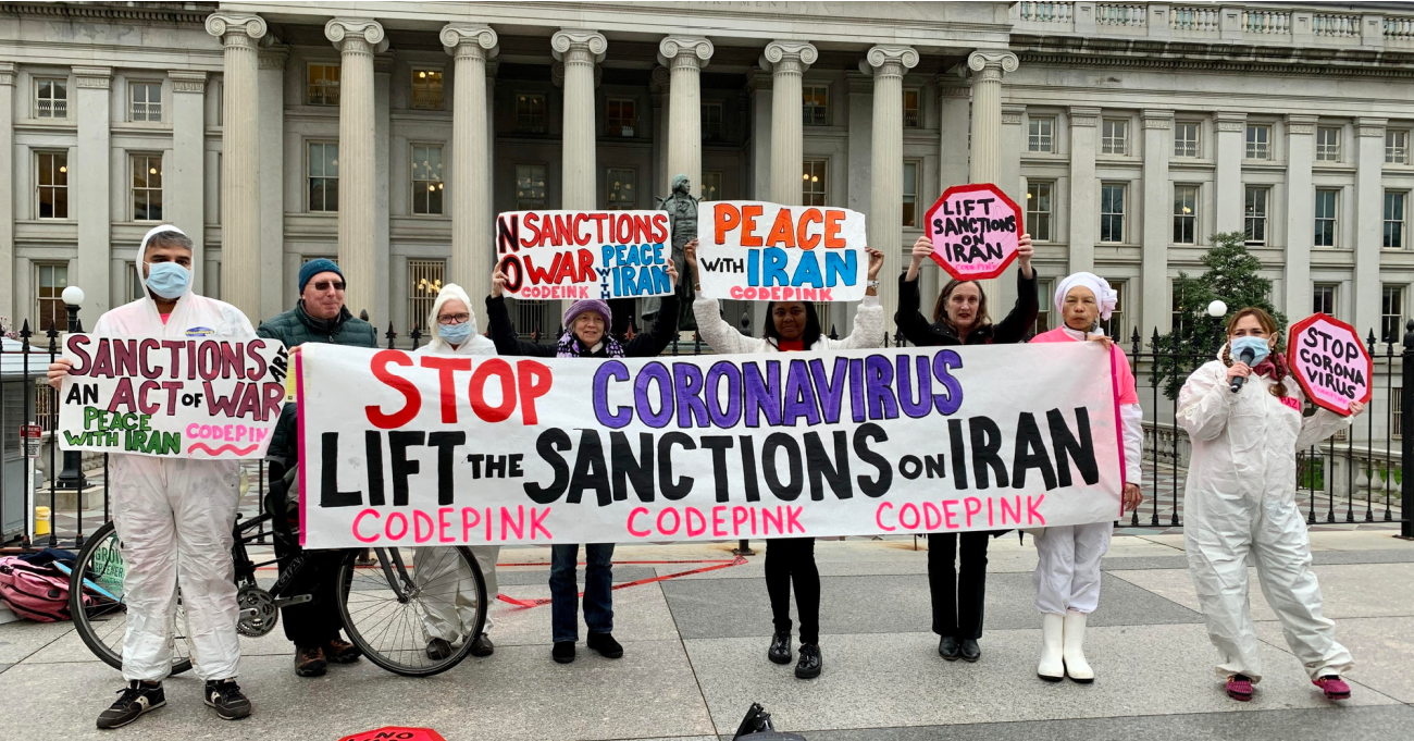 Members of the women-led peace group CodePink protest in 2020 outside the United States Treasury Department against U.S. sanctions on Iran during the coronavirus pandemic. (Photo: Medea Benjamin/CodePink) 