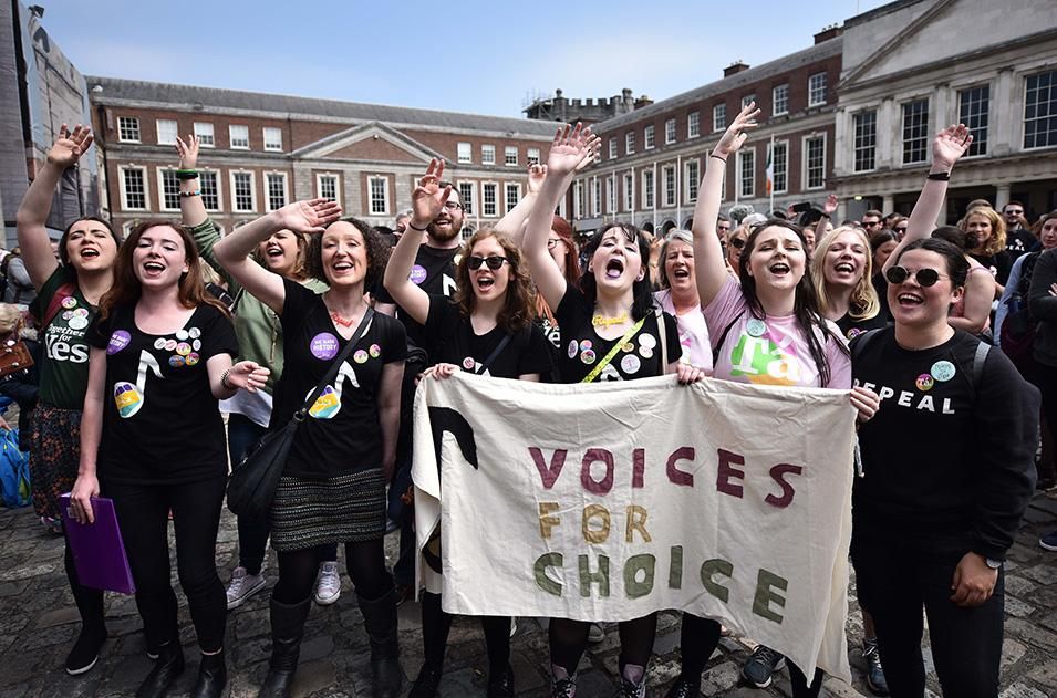 Yes vote supporters celebrate as the results in the Irish referendum on the 8th amendment concerning the country's abortion laws takes place at Dublin Castle on May 26, 2018 in Dublin, Ireland.